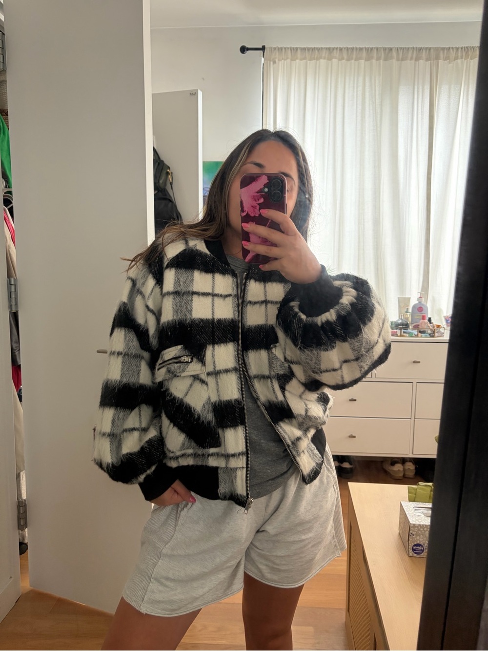 Forever 21 Black & White Plaid Teddy Bomber Jacket